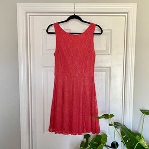 Orange // Coral Fit and Flare Sleeveless Lace Dress w/ Zipper Back; Semi-formal